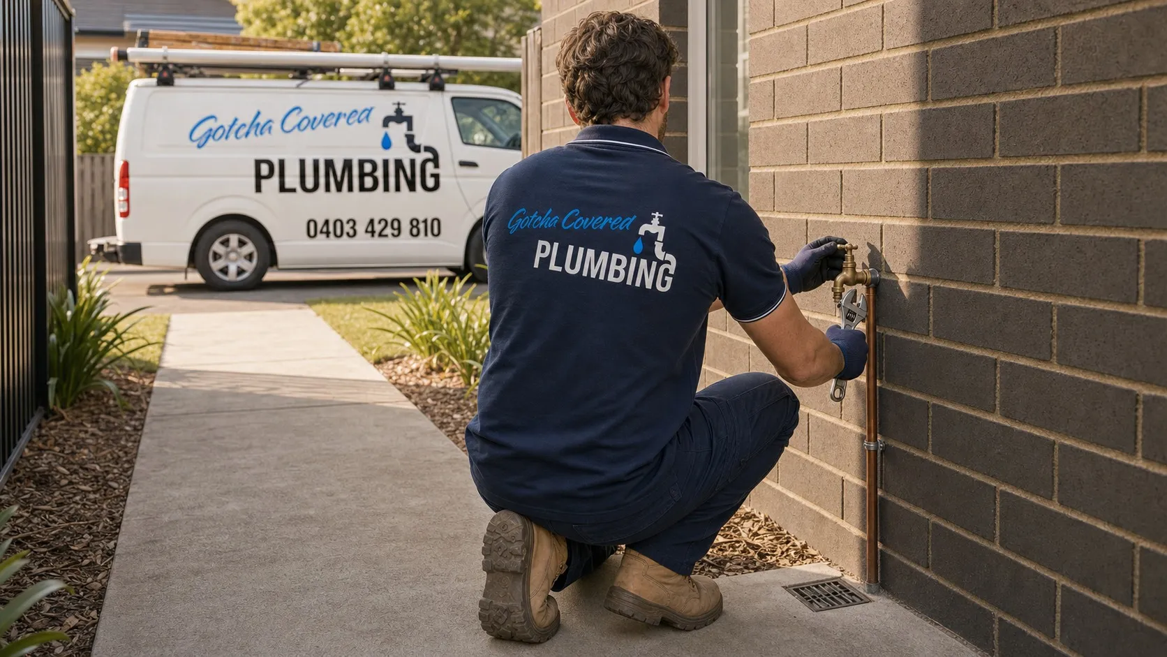 A GotchaCovered plumber fitting an outdoor tap, the van parked on the driveway behind