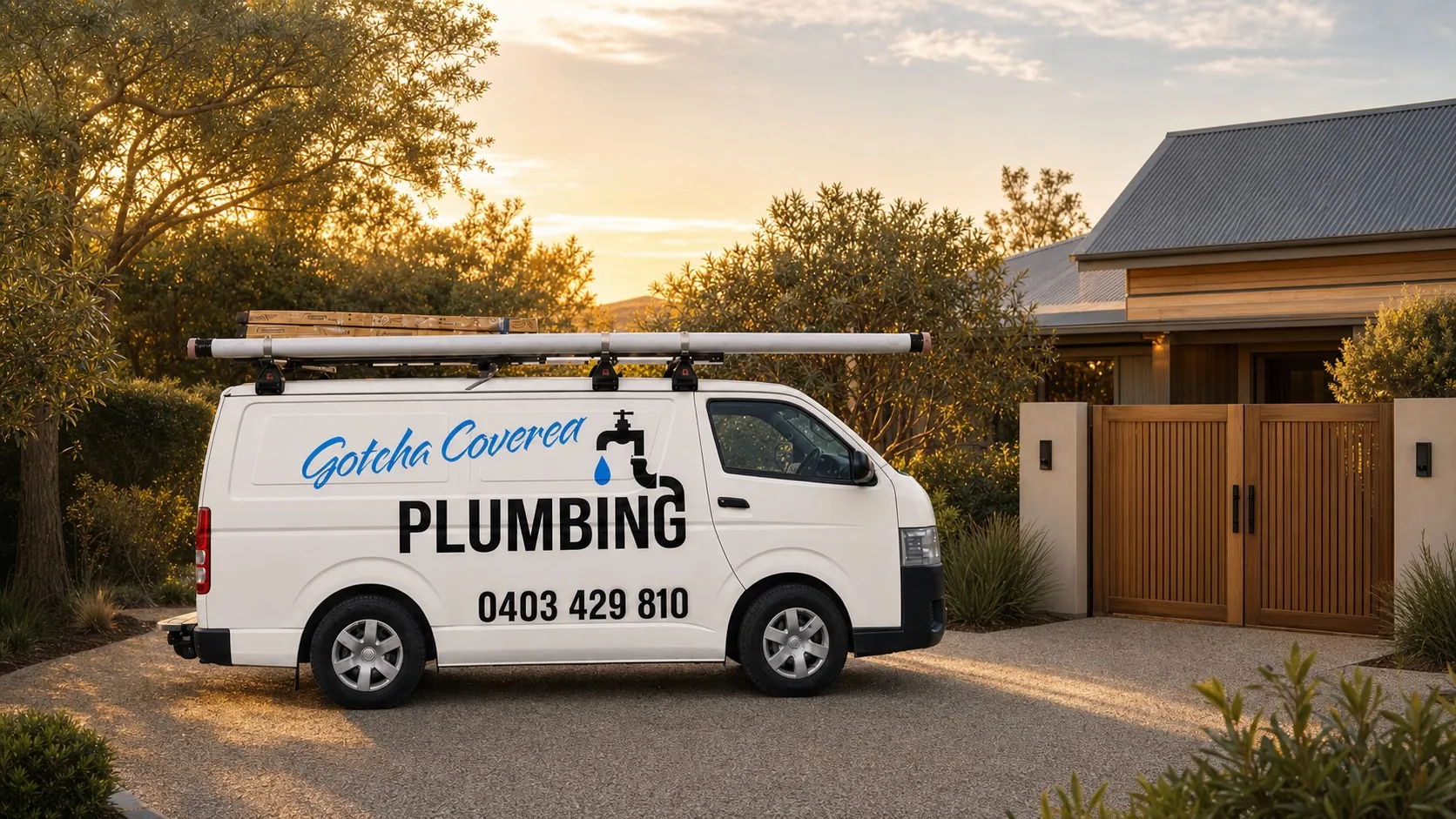 The GotchaCovered Plumbing van parked outside a Bass Coast home at sunset